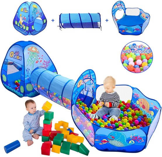 3 in 1 Play Tunnel, Basketball Hoop for Boys & Girls, Toddler Pop Up Playhouse Toy for Baby Indoor/Outdoor. (With 25 Balls)