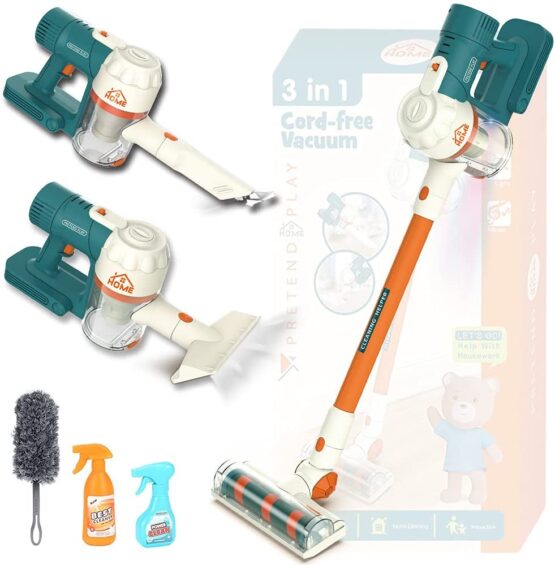 Vacuum Cleaner for Toddler with Lights & Sounds, Cord-Free Pretend Play Housekeeping Vacuum Toys with Working Suction