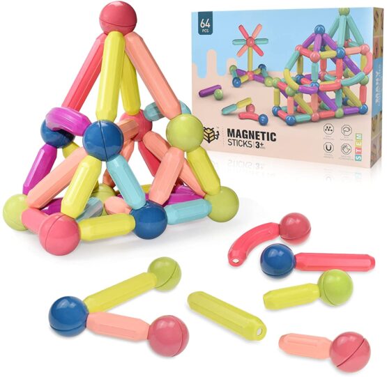 Magnetic Building Blocks for Kids Ages 4-8, STEM Construction Toys for Boys and Girls, Large Size Magnetic Sticks and Balls Game Set for Kid’s Early Educational Learning (64PCS)