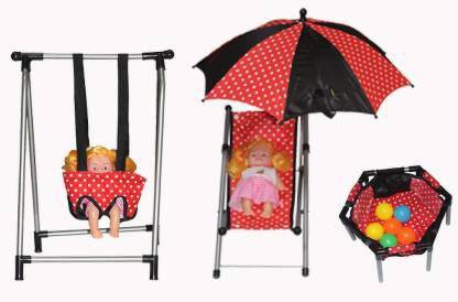 Kids Play House 5 In 1 Baby Doll Iron Stroller Foldable Doll Trolley Toy Set For Girls