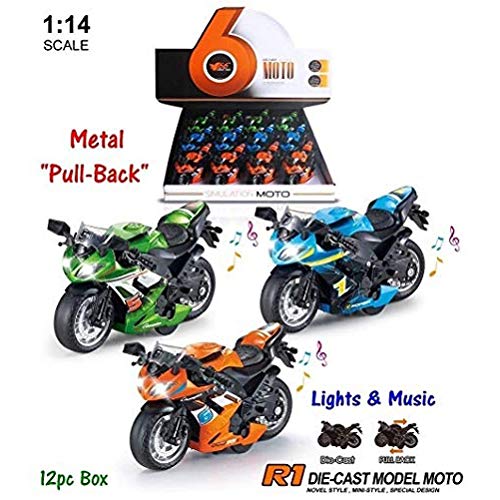 1:14 Scale Sports Bike R1 Classic Die-Cast Metal Alloy Body Model Pull Back Bike Motorcycle Toy with Movable Steering, Music and LED Light for Kids ( One – Pieces )