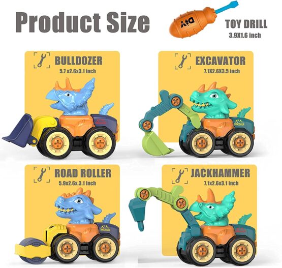 Dinosaur Toys for 3 4 5 6 7 Year Old Boys, Take Apart Dinosaur Toys for Kids 3-5 Boy Toys, 4-pcs Dinosaur Car Set with Toy Drill