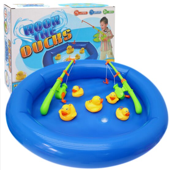 Hook a Duck Game – Includes Inflatable Paddling Pool, 2 fishing rod, 6 small 4 large yellow ducks – Ideal for Bath, Outdoor Garden & Summer Birthday Parties