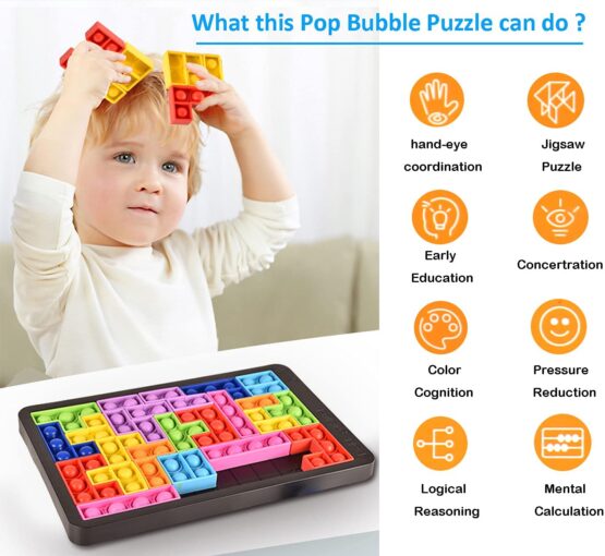 Push it Pop Puzzle Brain Teasers Toy, Push Pop Bubble Sensory Fidget Toy,27pcs Silicone Jigsaw Puzzles Block Puzzle Game Board Toy For Kids