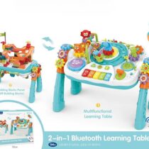 2 in 1 Multifunctional Bluetooth Learning Activity Table with Building Blocks Panel, Sound and Light Functions- Great Gift for Toddlers and Kids