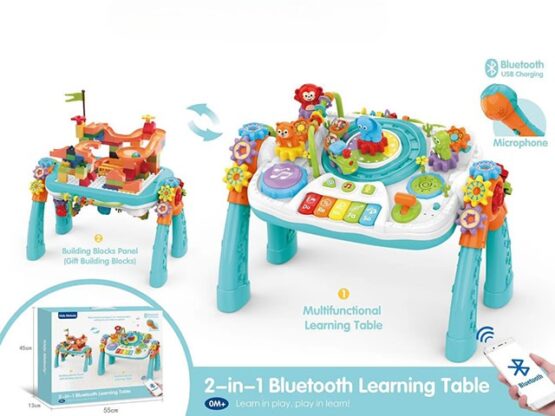 2 in 1 Multifunctional Bluetooth Learning Activity Table with Building Blocks Panel, Sound and Light Functions- Great Gift for Toddlers and Kids