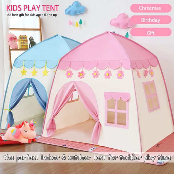 Princess Castle Play Tent Kids Teepee Tent Large Children Playhouse Oxford Fabric Children Playhouse for Indoor Outdoor Portable Playroom Boys & Girls Birthday Gift – 25 Balls ( Blue/Pink)